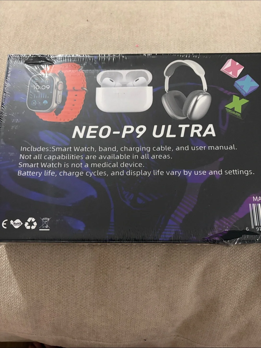 NEO-P9 ULTRA Bluetooth Headphones & Wearables Bundle - Silver, White, Orange